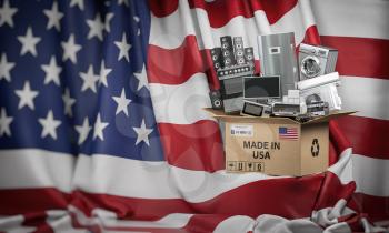 Household appliances made in USA. Home kitchen technics in a cardboard box producted and delivered from United States. 3d illustration