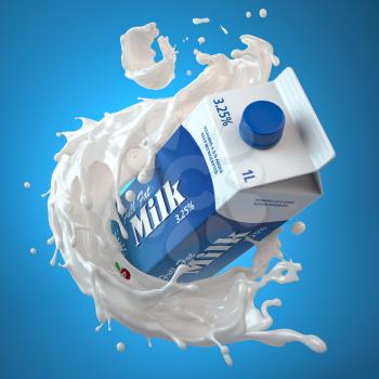 Milk carton box or packaging of milk and splash of milk on blue background. 3d illustration