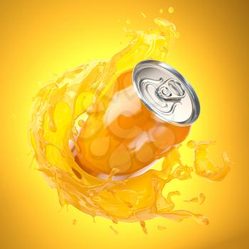 Orange juice or soda can with orange splash on orange background. 3d illustration