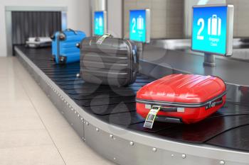 Baggage claim in airport terminal. Suitcases on the airport luggage conveyor belt. 3d illustration