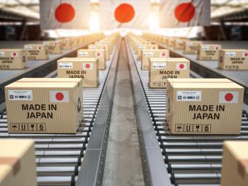 Made in Japan. Cardboard boxes with text made in Japan and chinese flag on the roller conveyor. 3d illustration