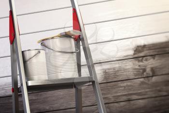 Paint cans and paint brush on the ladder with white painted wooden wall. 3d illustration