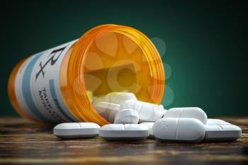 Pills spilling out from yellow container. Medical and pharmaceutical concept. 3d illustration