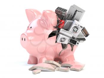 Piggy bank and appliances. Savings to buy home appliances. 3d illustration