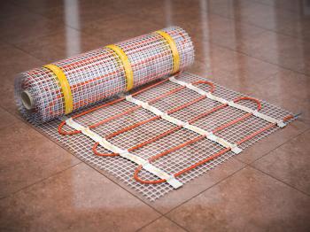 Mat electric floor heating system on kitchen tile Heated warm floor. Underfloor heating. 3d illustration