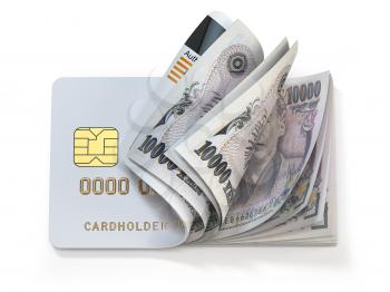 Credit card and japan yen in cash. Banking, shopping concept. Opening a wallet or bank account in Japan. 3d illustration