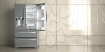Side by side stainless steel refrigerator on white ceramic tile background. Open fridge in the empty kitchen. 3d illustration