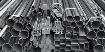 Different metal rolled products. Stainless steel profiles and tubes. in warehouse background. 3d illustration