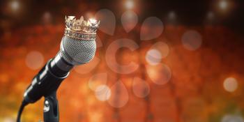 Microphone and king crown. Music award, concert of best singer, king of pop rock music concept background.. 3d illustration