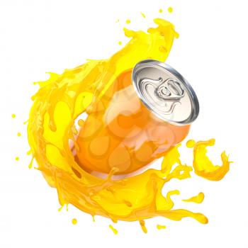 Orange juice or soda can with orange splash isolated on white. 3d illustration