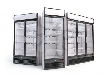 Set of  different empty showcase refrigerators. Fridges with glass door isolated on white.  3d illustration