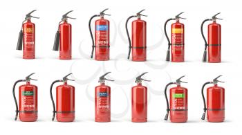 Fire extinguisher set  of different types isolated on white. 3d illustration