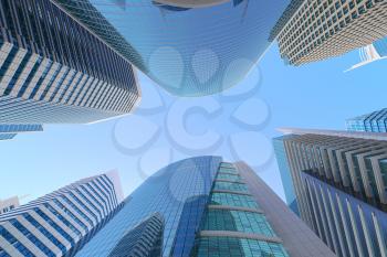 Skyscrapers on blue sky background. in modern or futuristic downtown of the city, Low angle view. 3d illustration