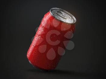 Red aluminum soda or beer can with drops on black background. Mock up. 3d illustration