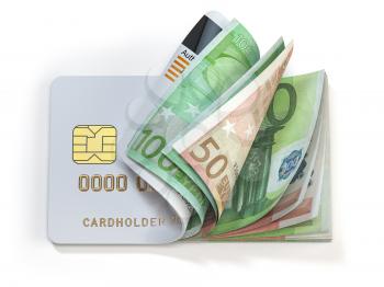 Credit card and euro in cash. Banking, shopping concept. Opening a wallet or bank account in EU Europen Union. 3d illustration