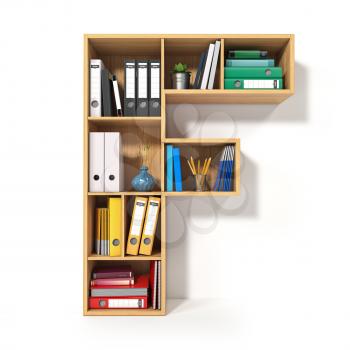 Letter F. Alphabet in the form of shelves with file folder, binders and books isolated on white. Archival, stacks of documents at the office or library. 3d illustration