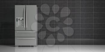 Fridge in the kitchen. Side by side stainless steel refrigerator on black ceramic tile background. 3d illustration