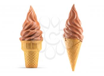 Ice cream in chocolate glaze waffle cone isolated on white. 3d illustration