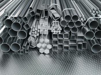 Stainless steel profiles and tubes. in warehouse background. Different metal rolled products. 3d illustration