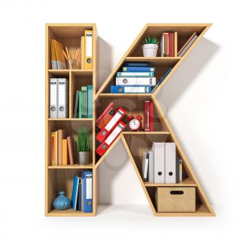 Letter K. Alphabet in the form of shelves with file folder, binders and books isolated on white. Archival, stacks of documents at the office or library. 3d illustration