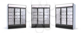 Set of empty showcase refrigerators in the grocery shop. Fridge with glass door isolated on white.  3d illustration