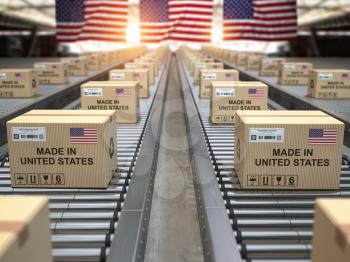 Made in USA United States. Cardboard boxes with text made in USA and american flag on the roller conveyor. 3d illustration