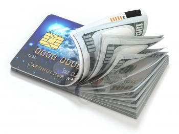 Credit card and dollar in cash. Banking, shopping concept. Opening a wallet or bank account. 3d illustration