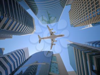 Airplane flying over skyscrapers n city downtown district. Business corporate travel background concept. 3d illustration