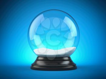 Empty snow globe - Christmas magic ball on blue background. 3d illustration