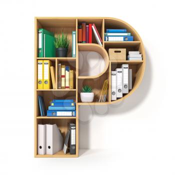 Letter P. Alphabet in the form of shelves with file folder, binders and books isolated on white. Archival, stacks of documents at the office or library. 3d illustration