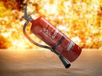 Fire extinguisher on a fire background. 3d illustration
