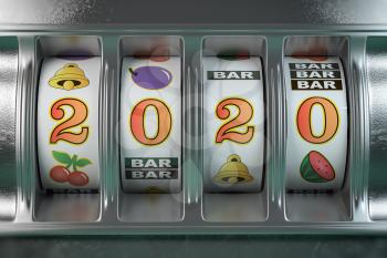 2020 Happy New Year  in casino. Slot machine with jackpot number 2020. 3d illustration
