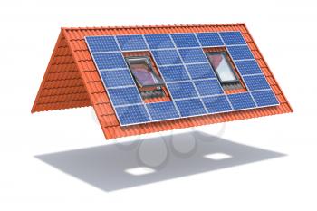 Solar panel on ceramic tile roof with windows isolated on white. 3d illustration