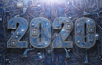 2020 on circuit board or motherboard with cpu. Computer technology and internet commucations digital concept background. Happy new 2020 year. 3d illustration