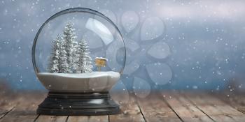 Merry Christmas snow globe with fri trees on winter snowfall background. 3d illustration