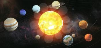 Solar system scheme. The sun with orbits of planets on the Universe star background. Elements of this image furnished by NASA. 3d illustration