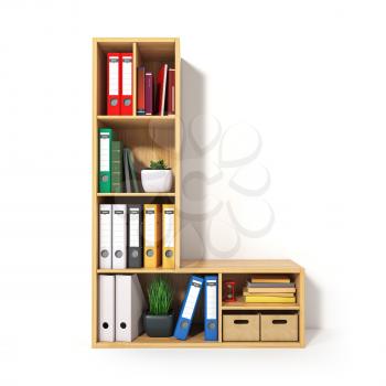Letter L. Alphabet in the form of shelves with file folder, binders and books isolated on white. Archival, stacks of documents at the office or library. 3d illustration