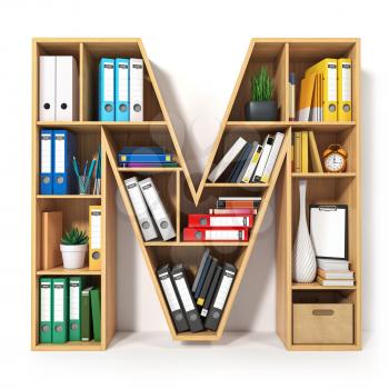 Letter M. Alphabet in the form of shelves with file folder, binders and books isolated on white. Archival, stacks of documents at the office or library. 3d illustration