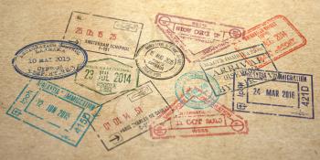 Background from different visa stamps on craft paper, 3d illustration