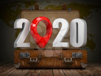 2020 Happy new year. Vintage suitcase with number 2020 and navigation pin. Travel and tourism concept. 3d illustration