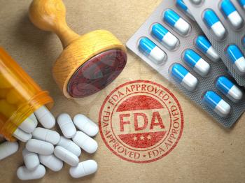 FDA approved  concept. Rubber stamp with FDA and pills on craft paper. 3d illustration