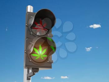 Cannabis and marijuana legalization concept.  Symbol of cannabis leaf on green traffic light. 3d illustration