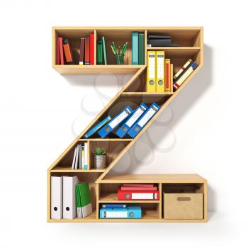 Letter Z. Alphabet in the form of shelves with file folder, binders and books isolated on white. Archival, stacks of documents at the office or library. 3d illustration