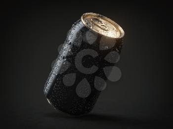 Black aluminum soda or beer can with drops on black background. Mock up. 3d illustration
