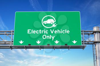 Electric vehicle only green traffic road sign with symbol of electric car on sky background. Ecology and environmental concept background. 3d illustration
