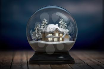 Glass snow globe and a house with lights in windows in the night. 3d illustration