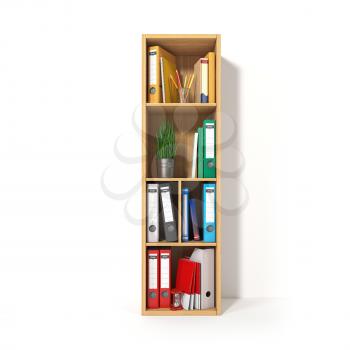 Letter I. Alphabet in the form of shelves with file folder, binders and books isolated on white. Archival, stacks of documents at the office or library. 3d illustration