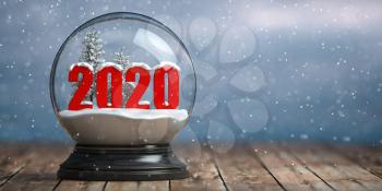 Happy new 2020 year, Snowball witn 2020 on the wooden table. 3d illustration