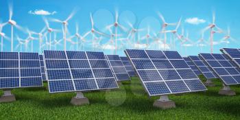 Solar panels with wind turbines on sunset summer landscape. Green energy concept. 3d illustration