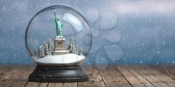 Statue of Liberty in the snow globe glass ball. Travel or trip to New York and USA in winter for celebrate Christmas. 3d illustration